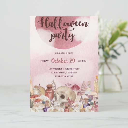Roze Floral Skull Halloween Party Invitation Kaart (Staand voorkant)