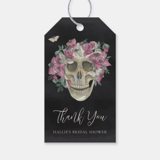 Roze Floral Skull Halloween Vrijgezellenfeest Favo Cadeaulabel (Voorkant)