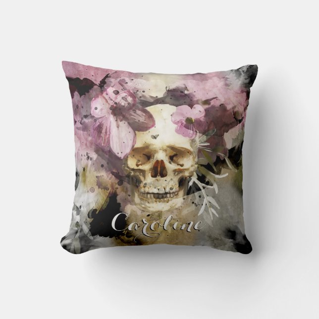 Roze Floral Skull Kussen (Voorkant)