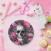 Roze Floral Skull Papieren Bordje (Feest)