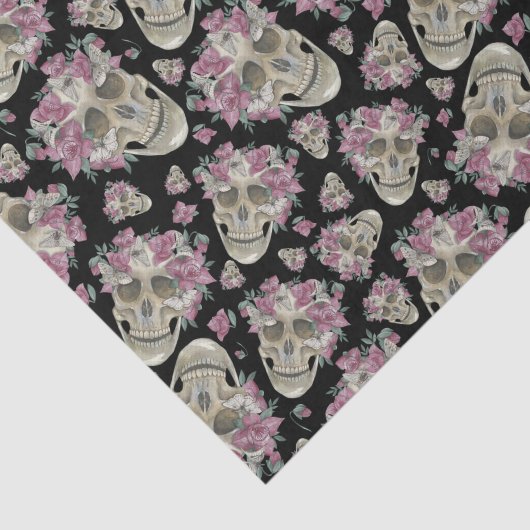 Roze Floral Skulls Moths Halloween Tissuepapier (Detail)