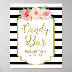 Roze Floral Snoep Bar Gold Black Stripes Poster