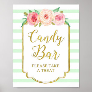 Roze Floral Snoep Bar Gold Mint Stripes Poster