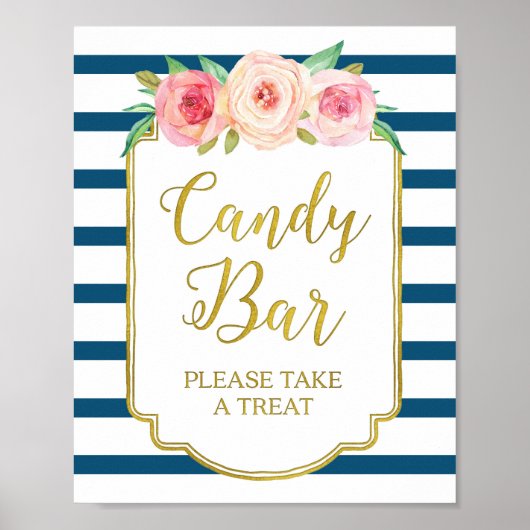 Roze Floral Snoep Bar Gold Navy Blue Stripes Poster (Voorkant)