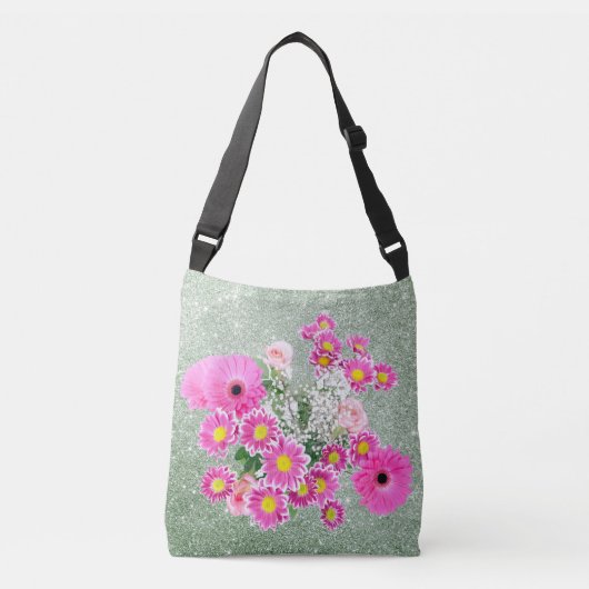 Roze Floral Soft Green Faux Glitter Crossbody Tas (Voorkant)
