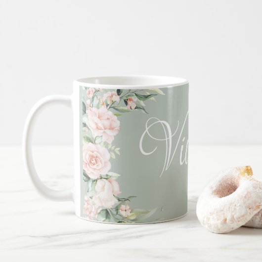 Roze Floral, speciaal aangepast Koffiemok (Met donut)