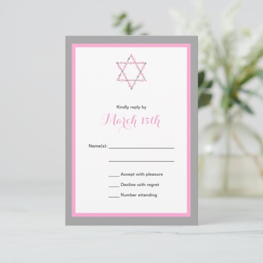 Roze Floral Star Bat Mitzvah RSVP CARD (Staand voorkant)