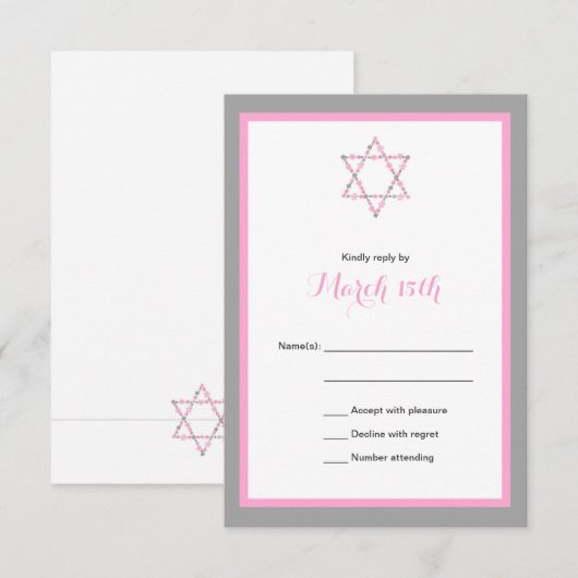 Roze Floral Star Bat Mitzvah RSVP CARD (Voorkant / Achterkant)