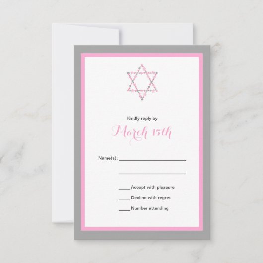 Roze Floral Star Bat Mitzvah RSVP CARD Kaartje (Voorkant)