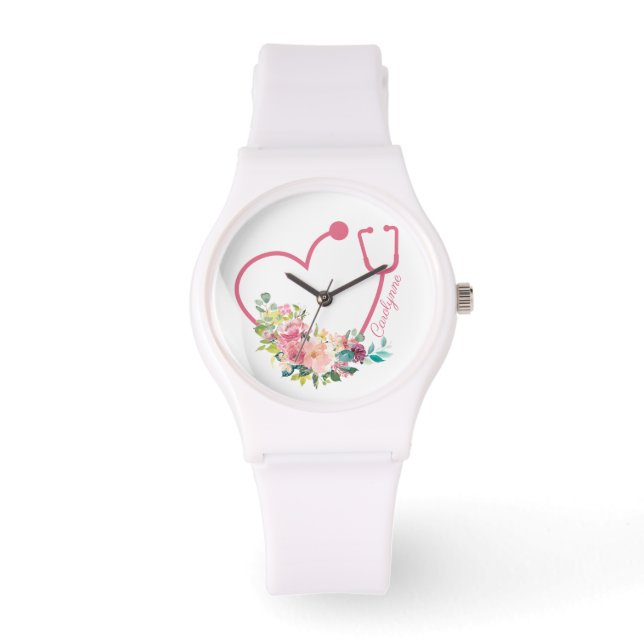 Roze Floral Stethoscoop Arts Horloge (Voorkant)