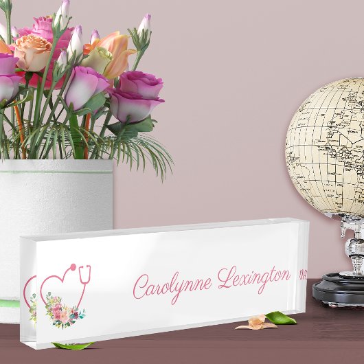 Roze Floral Stethoscoop Arts Naambordje
