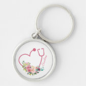 Roze Floral Stethoscoop Arts Sleutelhanger (Voorkant)