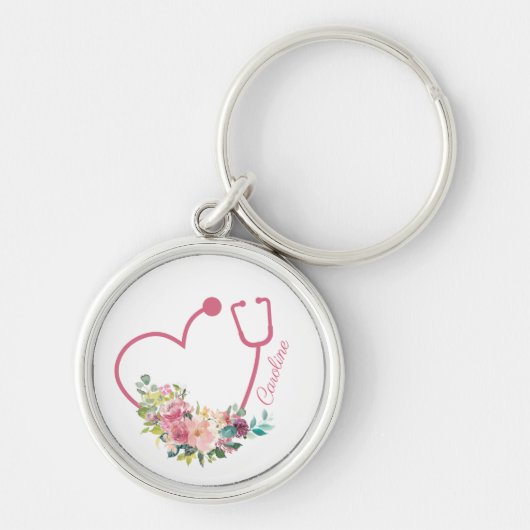 Roze Floral Stethoscoop Arts Sleutelhanger (Voorkant)