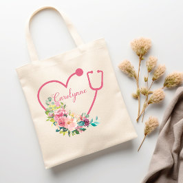 Roze Floral Stethoscoop Arts Tote Bag
