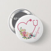 Roze Floral Stethoscope Heart Medical Nurse Ronde Button 5,7 Cm (Voorkant /achterkant)