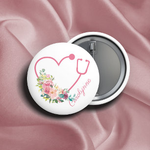Roze Floral Stethoscope Heart Medical Nurse Ronde Button 5,7 Cm