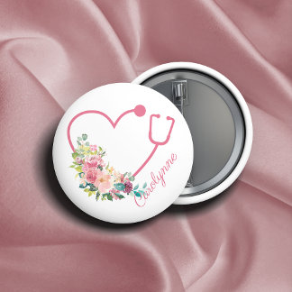 Roze Floral Stethoscope Heart Medical Nurse Ronde Button 5,7 Cm
