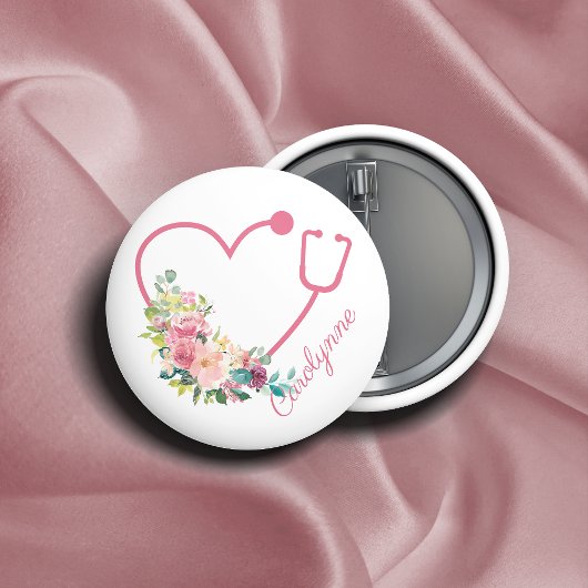 Roze Floral Stethoscope Heart Medical Nurse Ronde Button 5,7 Cm