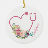 Roze Floral Stethoscope Heart Nurse Caregiver Keramisch Ornament (Voorkant)