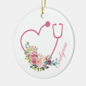 Roze Floral Stethoscope Heart Nurse Caregiver Keramisch Ornament (Links)