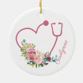 Roze Floral Stethoscope Heart Nurse Caregiver Keramisch Ornament (Achterkant)