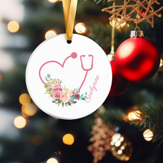 Roze Floral Stethoscope Heart Nurse Caregiver Keramisch Ornament