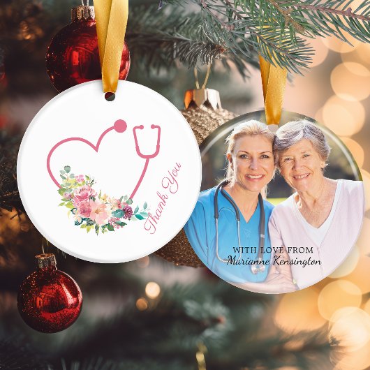 Roze Floral Stethoscope Heart Nurse Dankuwel Foto Keramisch Ornament