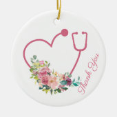 Roze Floral Stethoscope Heart Nurse Dankuwel Foto Keramisch Ornament (Voorkant)