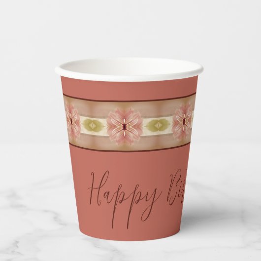 Roze Floral Stripe Papieren Bekers (Voorkant)