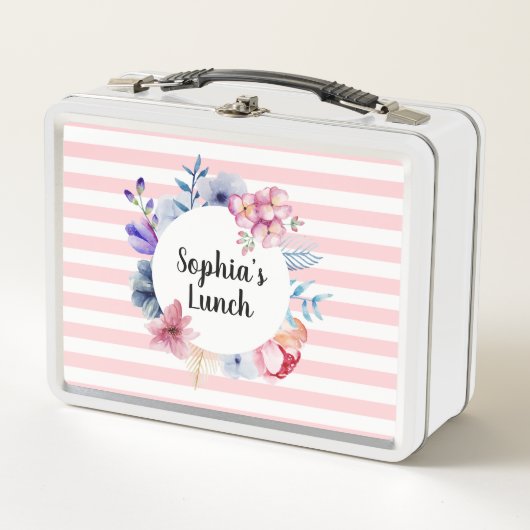 Roze Floral Striped Metal Lunchbox (Voorkant)