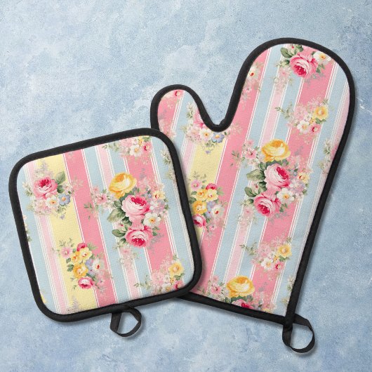 Roze Floral Striped Ovenwant & Pannenlap Set