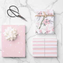 Roze Floral, Stripes en Polka Dots Inpakpapier Vel