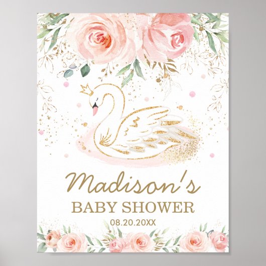 Roze Floral Swan Baby shower 1ste verjaardag Welko Poster (Voorkant)