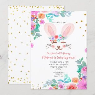 Roze Floral Sweet Bunny 1st Birthday Kaart