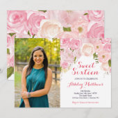 Roze Floral Sweet Sixteen Birthday Uitnodiging (Voorkant / Achterkant)