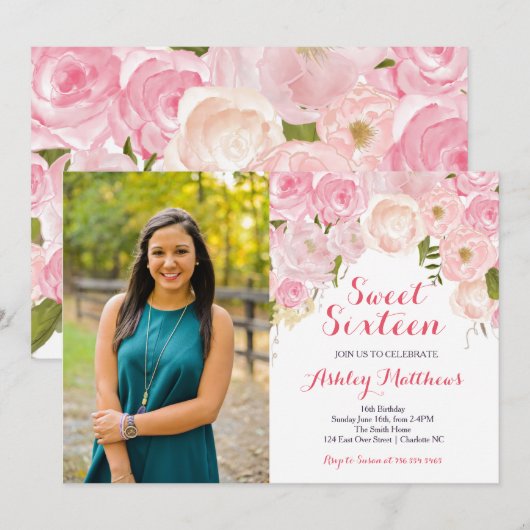 Roze Floral Sweet Sixteen Birthday Uitnodiging (Voorkant / Achterkant)