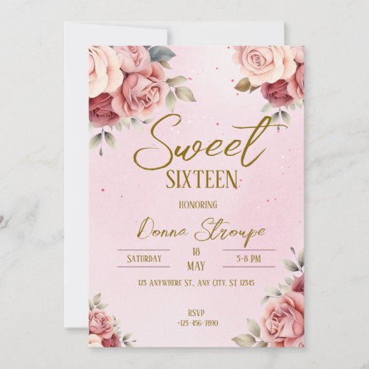Roze Floral Sweet Sixteen Kaart (Voorkant)