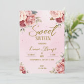 Roze Floral Sweet Sixteen Kaart (Staand voorkant)