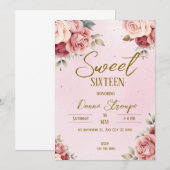 Roze Floral Sweet Sixteen Kaart (Voorkant / Achterkant)
