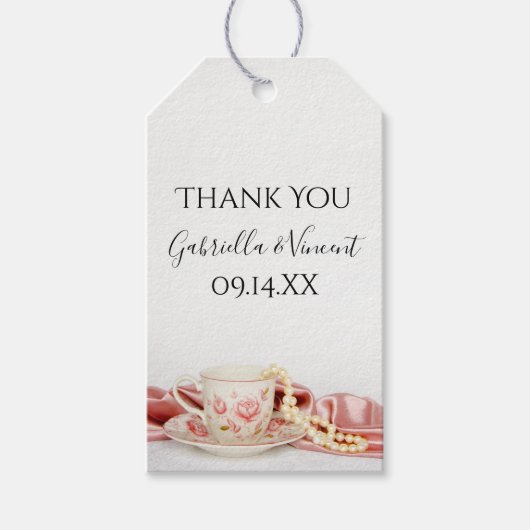Roze Floral Tea Cup met parels bruiloft gunst Labe Cadeaulabel (Voorkant)