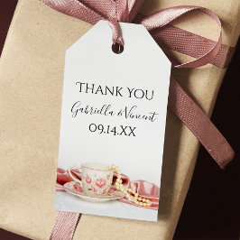 Roze Floral Tea Cup met parels bruiloft gunst Labe Cadeaulabel