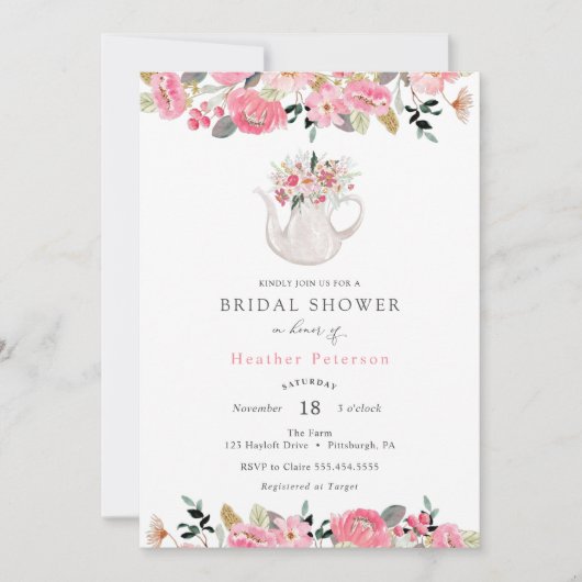 Roze Floral Tea Party Bridal Shower Kaart (Voorkant)