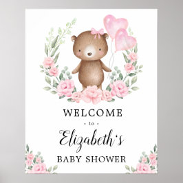 Roze Floral Teddy Bear Girl Baby shower Welkom Poster