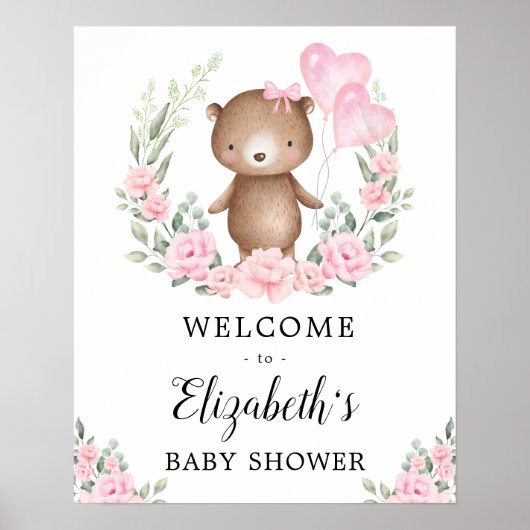 Roze Floral Teddy Bear Girl Baby shower Welkom Poster (Voorkant)