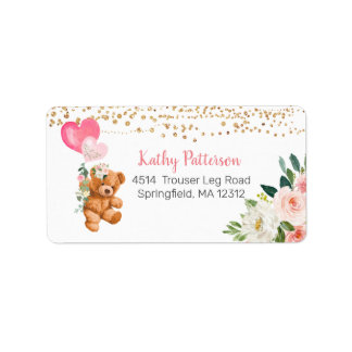 Roze Floral Teddy Bear Return Address Label