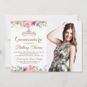 Roze Floral Tiara Quinceanera 15e verjaardag Foto Kaart (Voorkant)