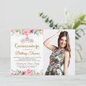 Roze Floral Tiara Quinceanera 15e verjaardag Foto Kaart (Staand voorkant)