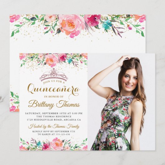 Roze Floral Tiara Quinceanera 15e verjaardag Foto Kaart (Voorkant / Achterkant)