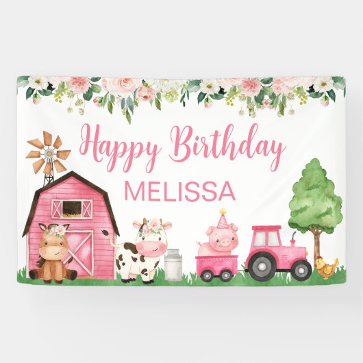 Roze Floral Tractor barn Boerderij Birthday Backdr Spandoek (Horizontaal)