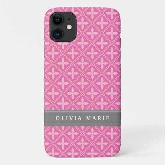 Roze Floral Trellis Pattern Grey Name Case-Mate iPhone Case (Achterkant)